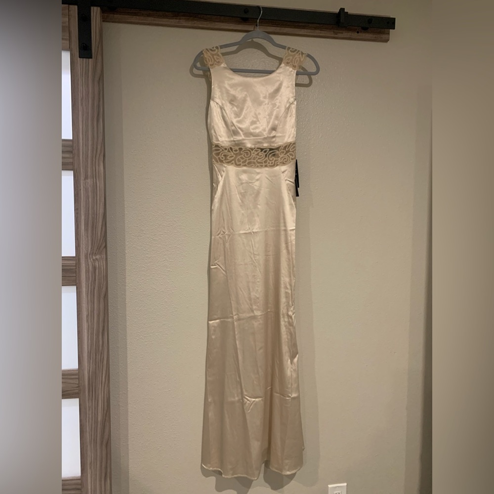 NWT Champagne Satin Embroidered Mermaid Maxi Dress